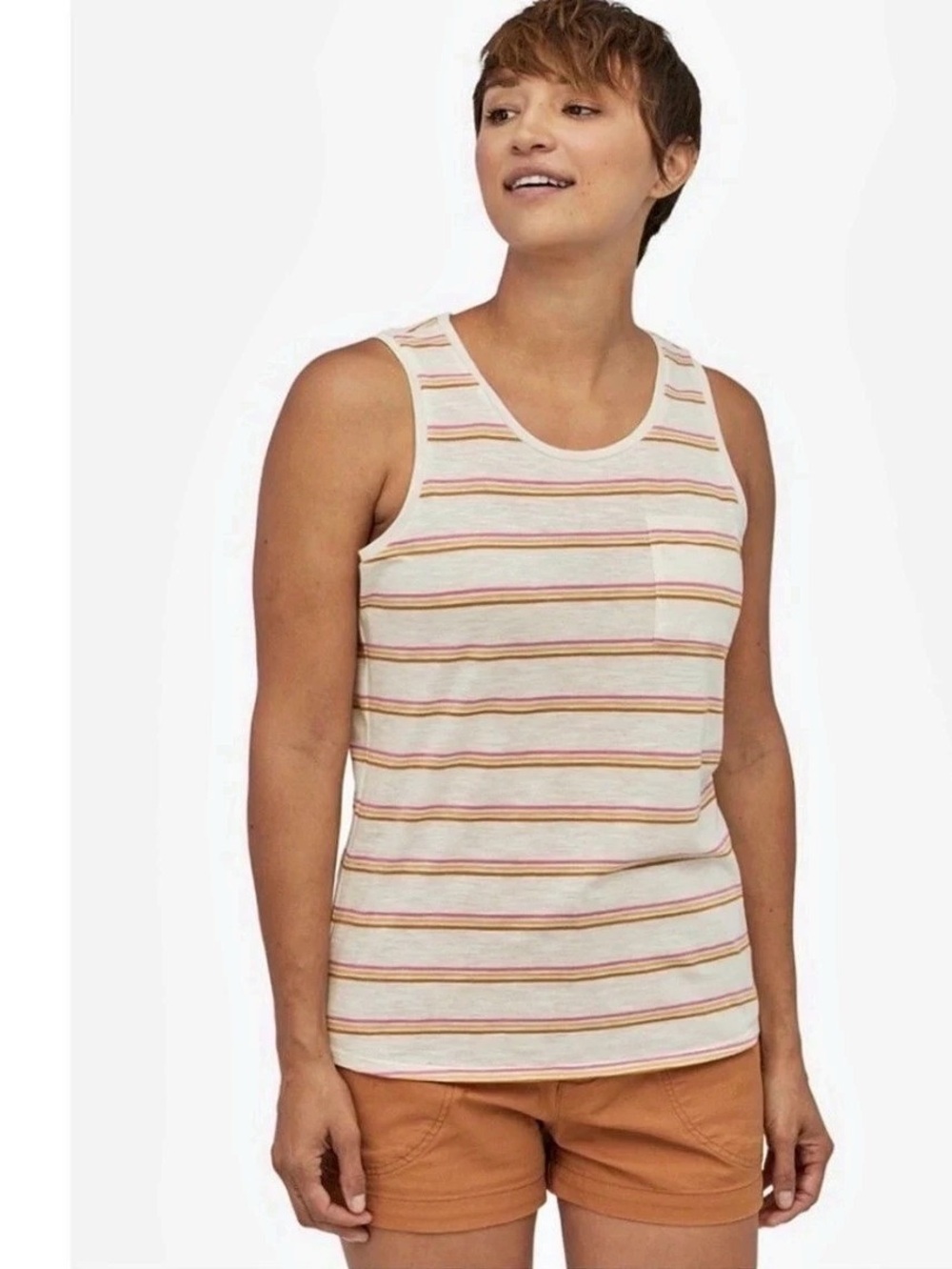 Patagonia Women's Medium Mainstay Tank Top Pacific Stripe Pink Organic Cotton M